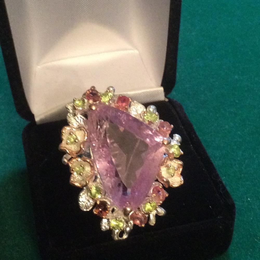 Magnificent Huge Genuine Kunzite & Tourmaline Ring, Rare Dreamscape Facet - Picture 12 of 12